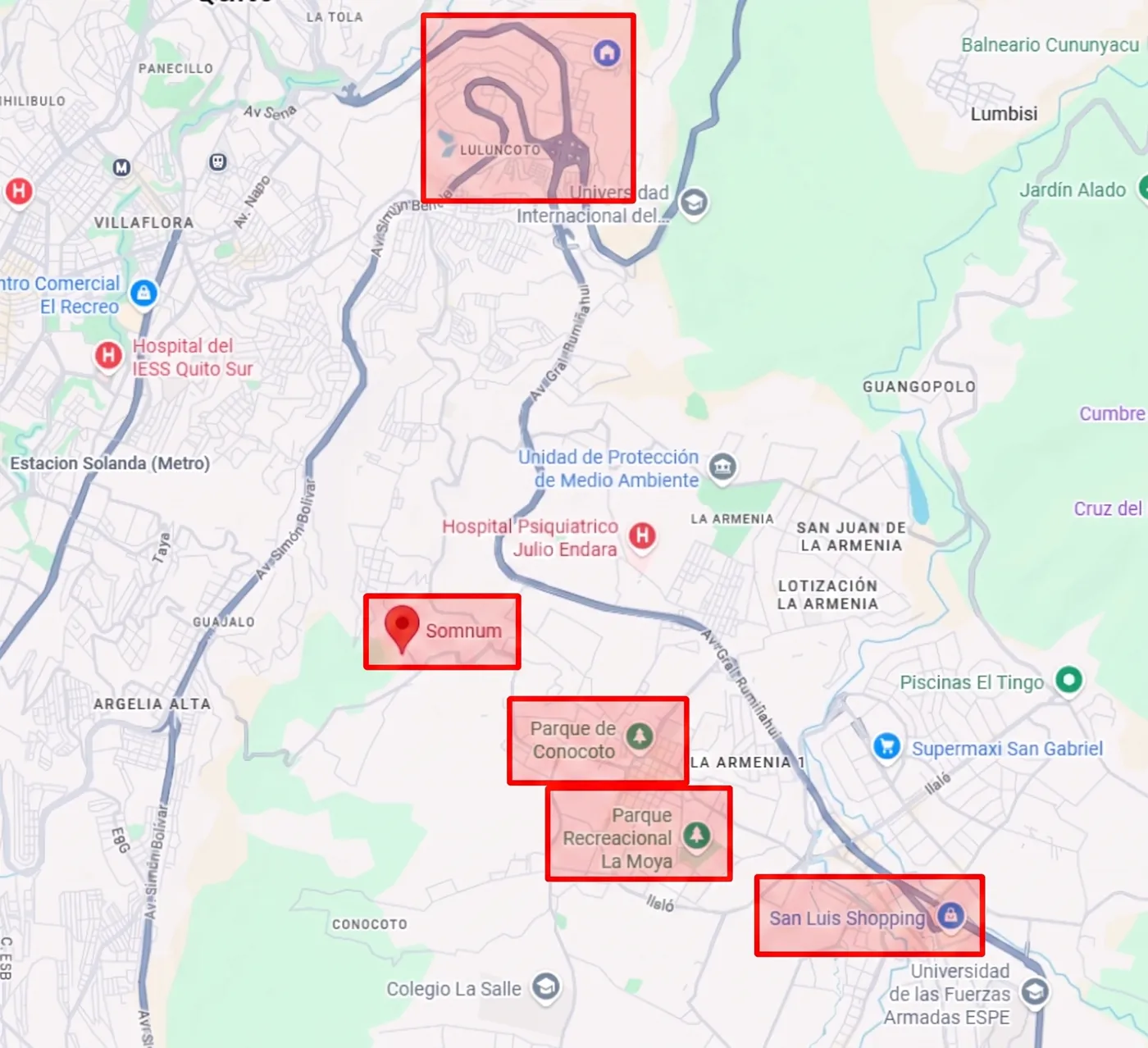 Mapa del sector: Somnum en Conocoto, entre la Av. Simón Bolívar y la Av. Gral. Rumiñahui, con el Parque de Conocoto, el Parque Recreacional La Moya, San Luis Shopping y Luluncoto señalados.